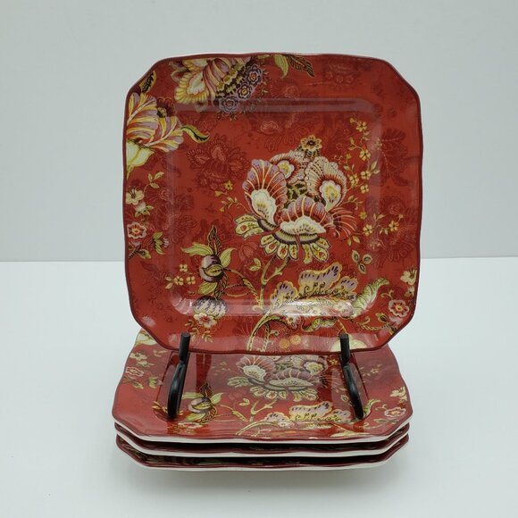222 Fifth Gabrielle Appetizer Plates Red Floral Square Dessert Plates - Picture 1 of 5